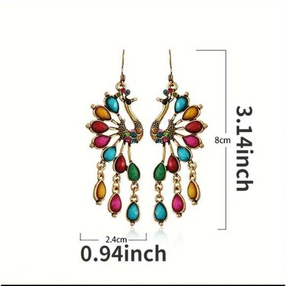 Gold & Blue Peacock Statement Dangle Earrings - Picture 2 of 2